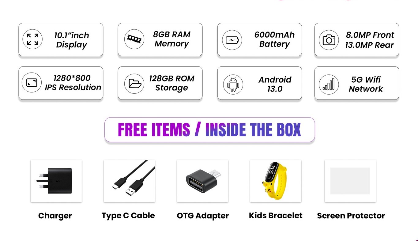 Oteeto K10 8" Kids Tablet, 5G WiFi, 8GB RAM, 6000mAh, 13MP with 8MP Camera, Children Watch - Pink